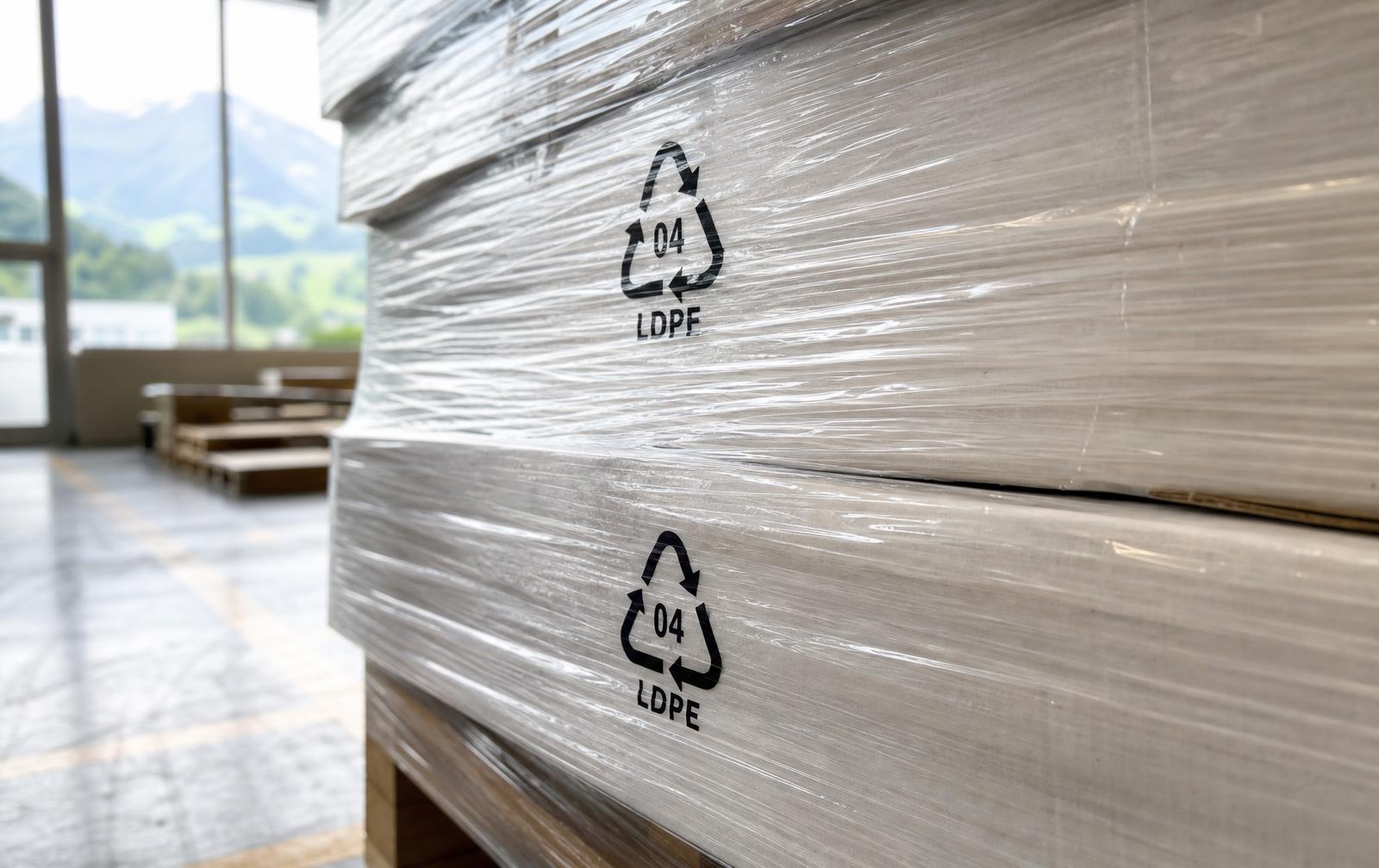 Gewickelte Palette mit LDPE-04-Recyclingkennzeichnung auf der Stretchfolie